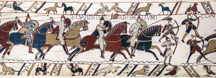The Bayeux Tapestry depicting the Anglo Norman conquest in the Battle of Hastings